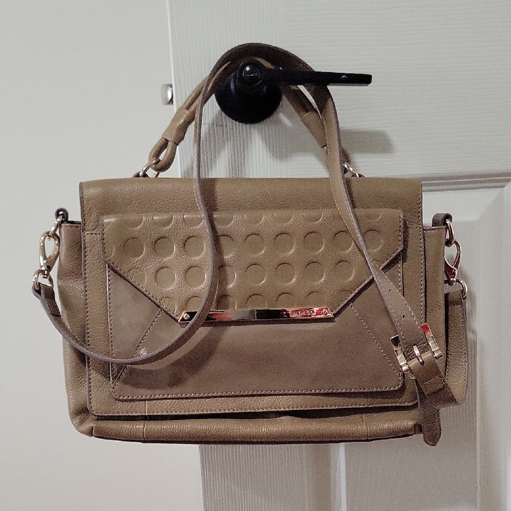 Mimco Tan Satchel with Structured Design and Versatile Carrying Options